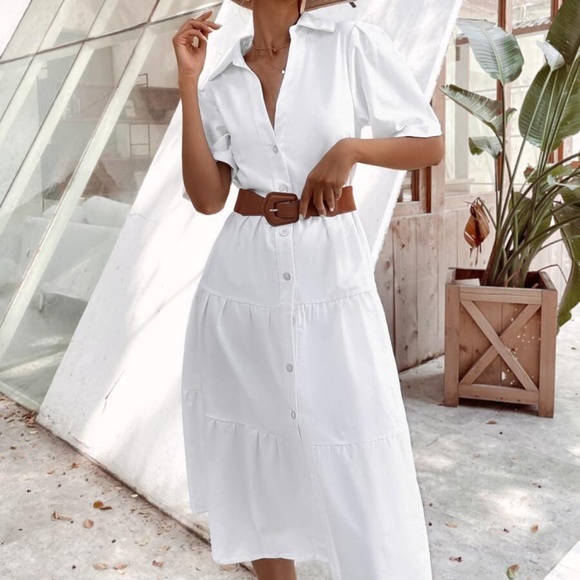 Boho White Button up Ruffle Short Sleeve Dress - Picture 4 of 7